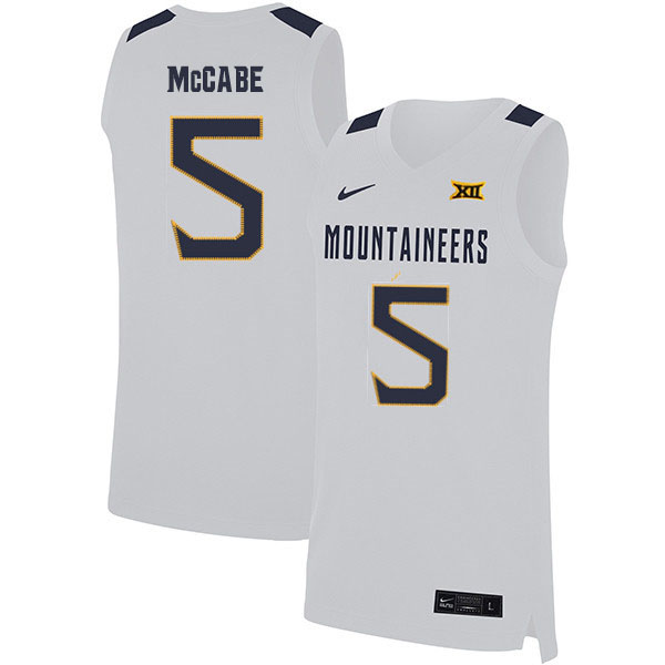 2020 Men #5 Jordan McCabe West Virginia Mountaineers College Basketball Jerseys Sale-White